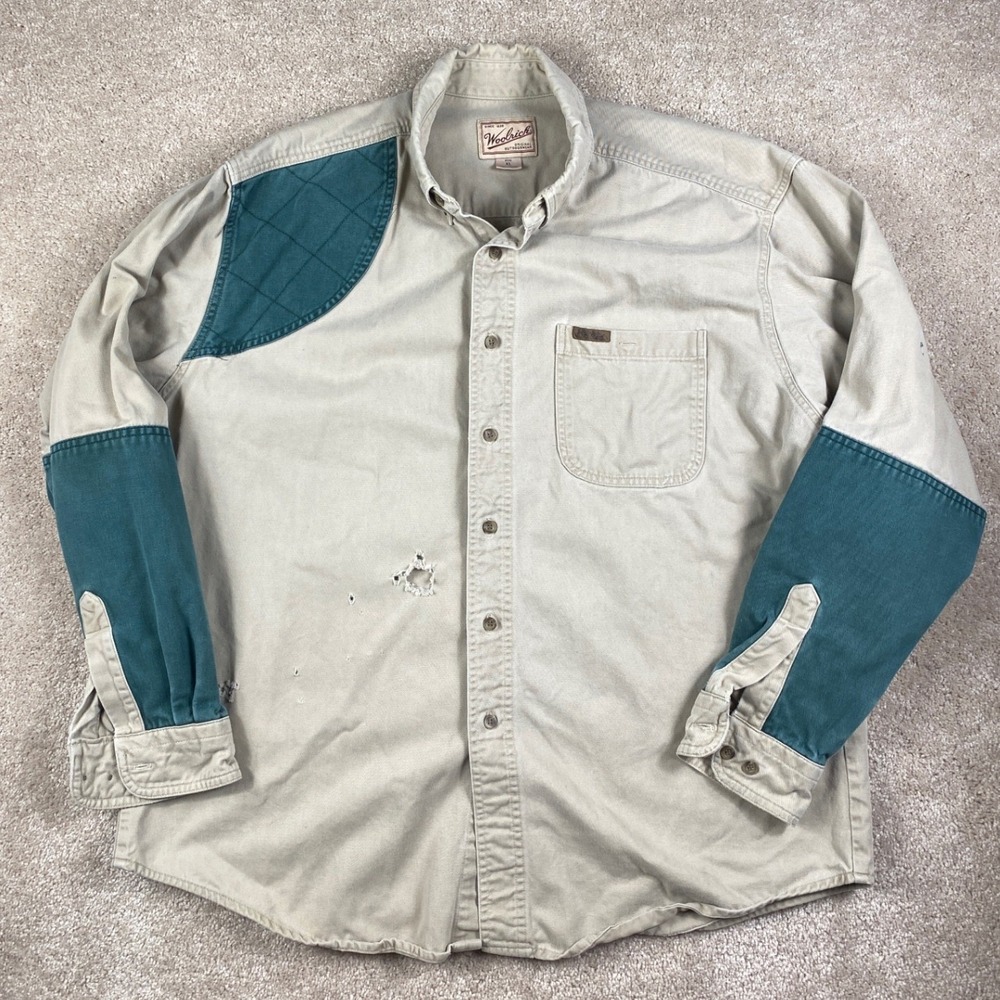 Woolrich Mens XL Shooting Shirt Tan Green Quilted Patch‎ Distressed Cotton Twill